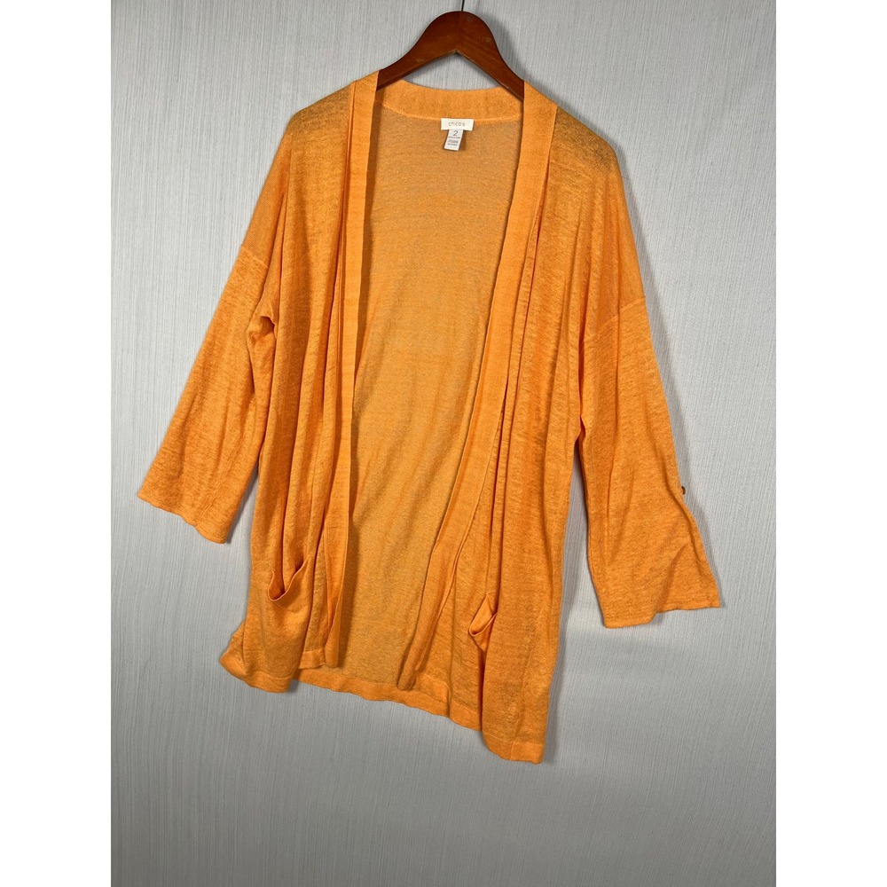 Chico's Linen Blend Cardigan Womens 2 Orange Open Front Roll Tab Sleeve‎ Pockets